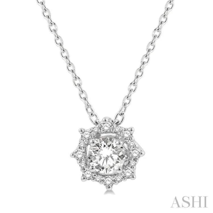 Women’s long necklace-1/3 Ctw Floral Lattice Round Cut Diamond Pendant With Chain in 14K White Gold