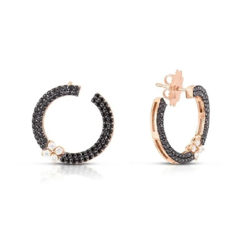 Women’s engraved earrings-Love in Verona Diamond and Black Diamond Earrings in 18K Rose Gold