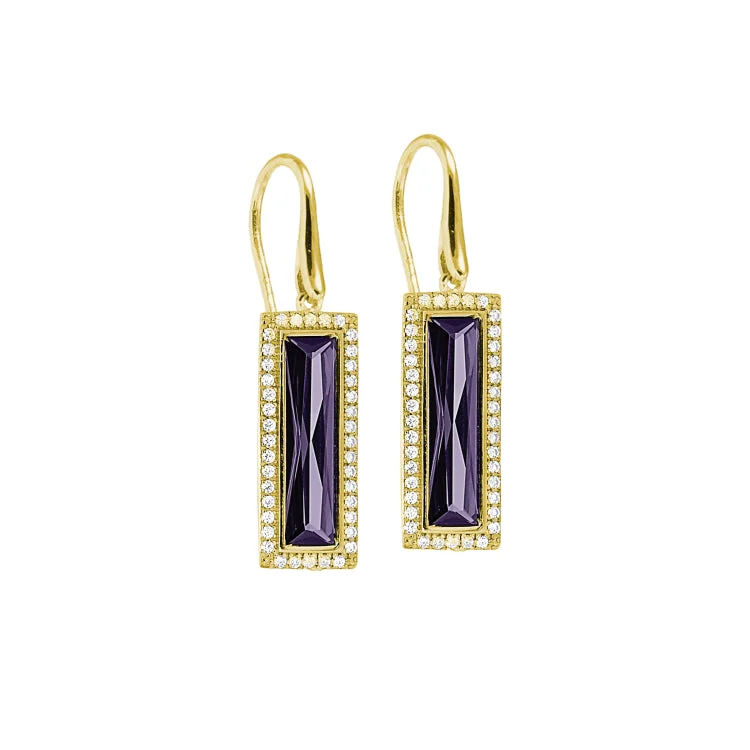 Women’s sparkling diamond earrings-Rhodium Finish Sterling Silver Earrings with Rectangular Simulated Amethyst Stones and Simulated Diamonds