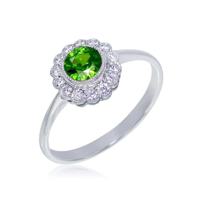 Women’s dual-tone engagement ring-Bezel-Set Emerald Ring with Scalloped Diamond Halo