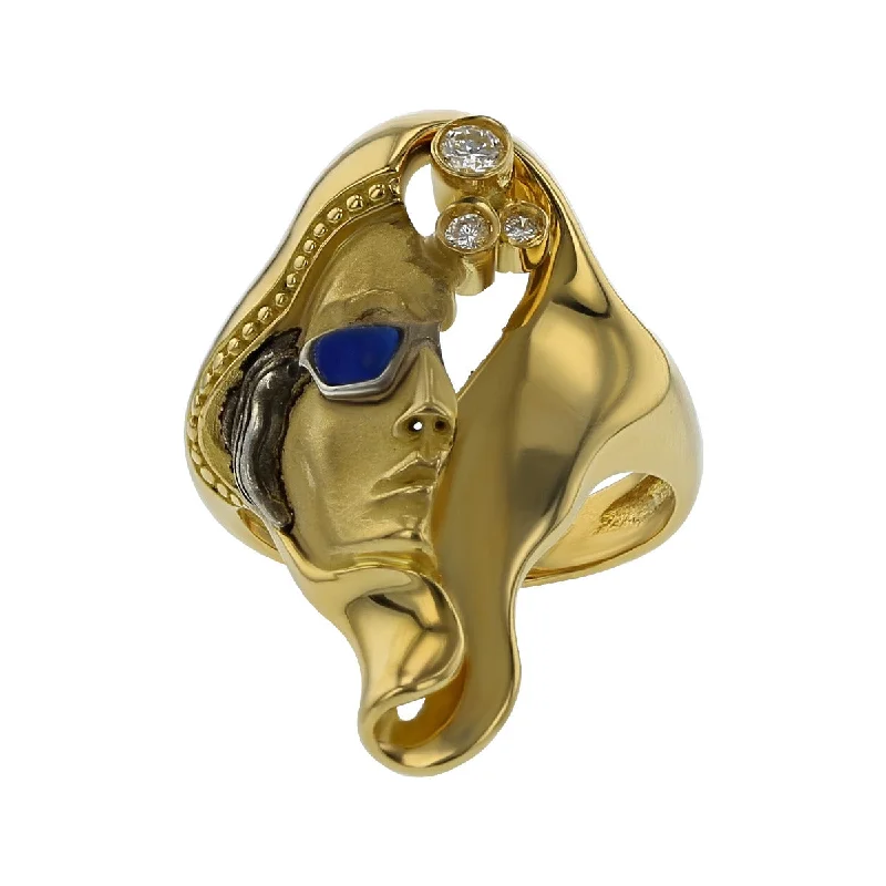 Women’s custom-cut solitaire engagement ring-18K Yellow Gold Lapis Lazuli and Diamond Face Ring