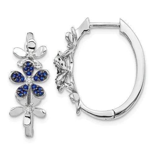 Women’s vintage earrings-14KT WHITE GOLD 0.18 CTW SAPPHIRE & 0.06 CTW DIAMOND FLORAL HOOP EARRINGS