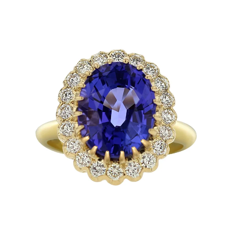 Women’s unique diamond engagement ring-14K Gold Oval Tanzanite and Diamond Halo Ring