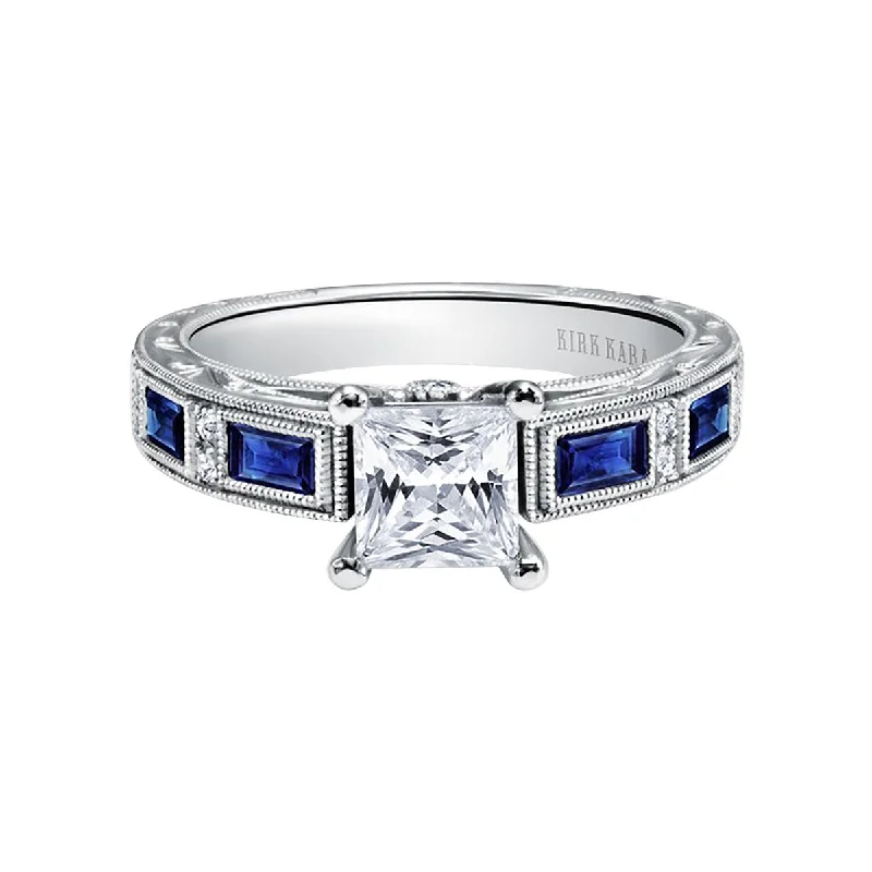 Women’s rose gold solitaire engagement ring-Charlotte Blue Sapphire and Diamond Semi-Mount Ring in 18K White Gold for Princess Cut Center, Size 6.5