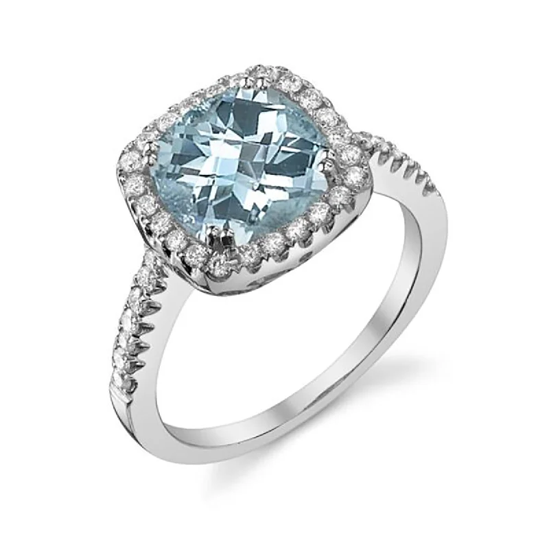 Women’s oval engagement ring-Aquamarine 14k White Gold Ring with Diamonds