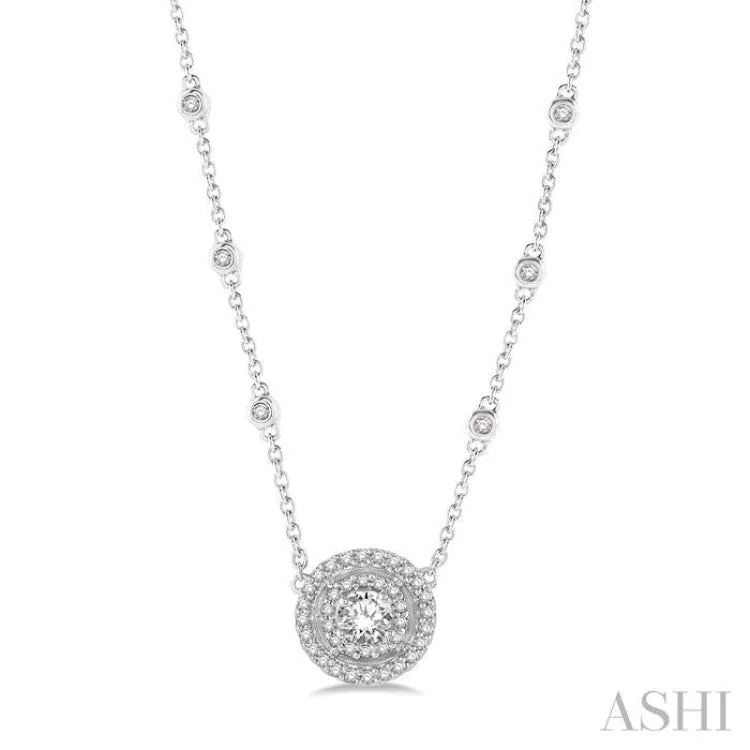 Women’s birthstone pendant necklace-1/3 Ctw Double Halo Round Cut Diamond Pendant With Cable Chain in 14K White Gold