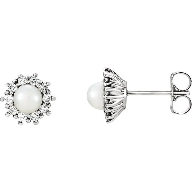 Women’s hoop stud earrings-14KT WHITE GOLD PEARL & 1/4 CTW DIAMOND HALO EARRINGS