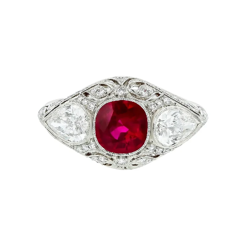 Women’s contemporary engagement ring-Cushion-Cut Ruby and Diamond Filigree Ring