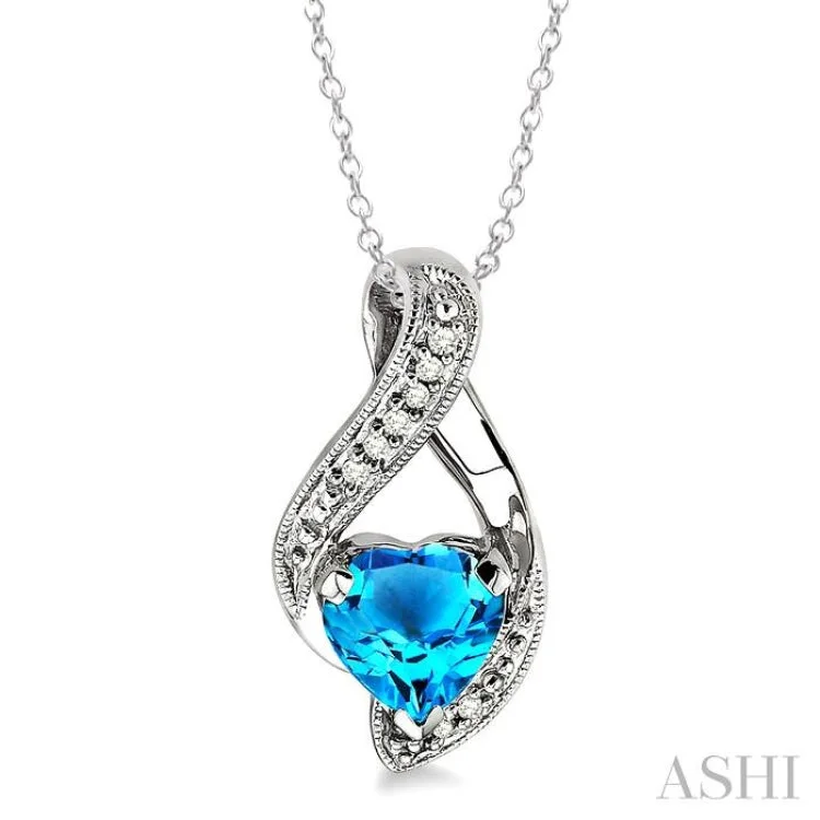 Women’s chunky necklace-7x7MM Heart Shape Blue Topaz and 1/20 Ctw Single Cut Diamond Pendant in Sterling Silver with Chain