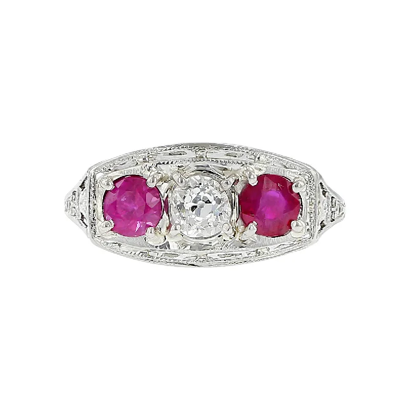 Women’s ruby engagement ring-Art Deco 14K Gold Diamond and Ruby 3-Stone Ring