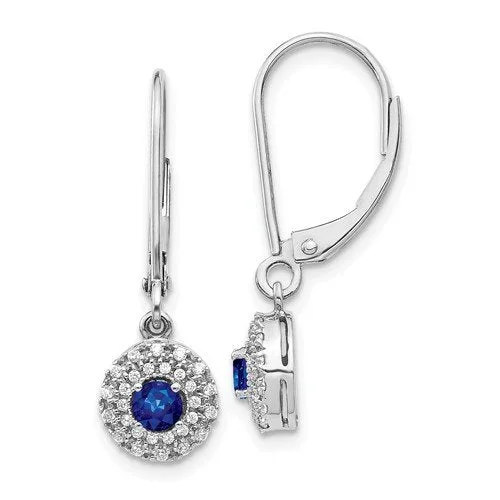 Women’s trendy earrings-14KT WHITE GOLD .40 CTW SAPPHIRE & .20 CTW DIAMOND HALO LEVERBACK EARRINGS