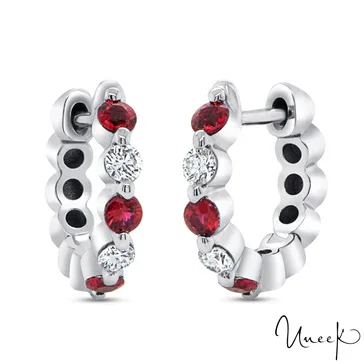 Women’s ruby earrings-Ruby and Diamond Huggie Hoop Earrings in 14K White Gold