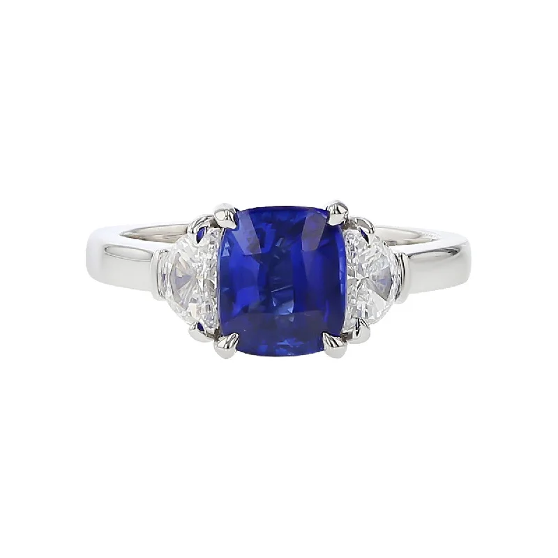 Women’s modern solitaire engagement ring-Cushion Sapphire and Half-Moon Diamond 3-Stone Ring