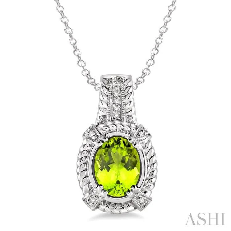 Women’s cross pendant necklace-9x7 mm Oval Cut Peridot and 1/50 Ctw Single Cut Diamond Pendant in Sterling Silver with Chain