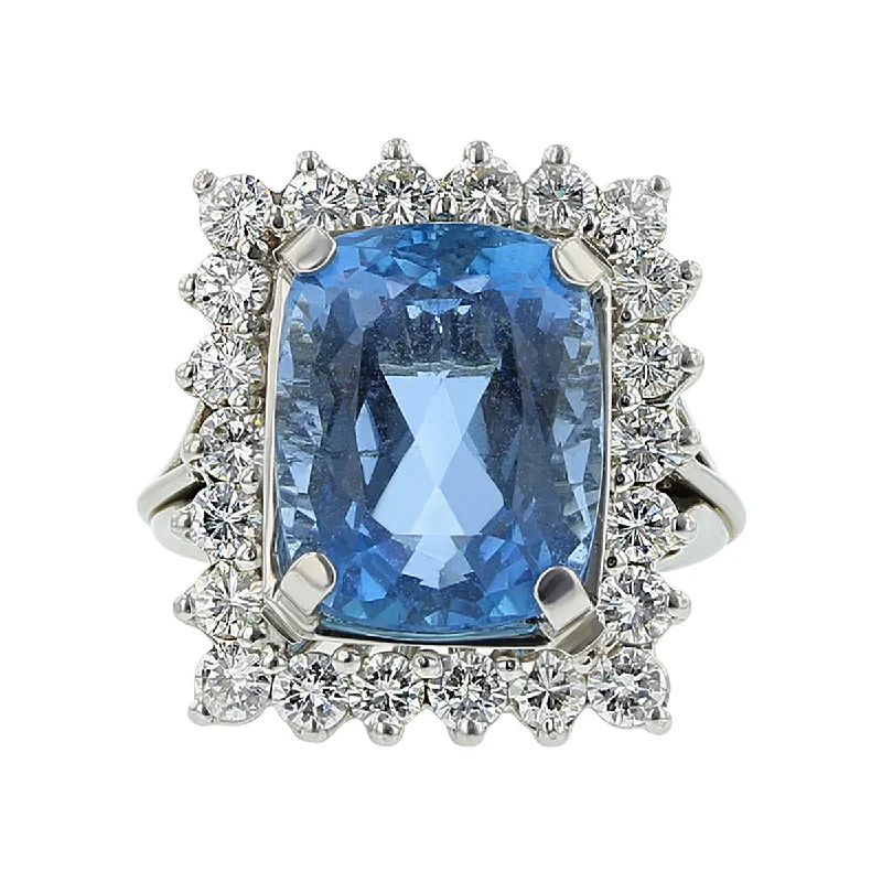 Women’s engraved engagement ring-8.46-Carat Aquamarine and Diamond Halo Ring