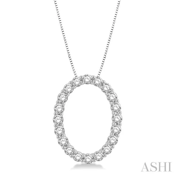 Women’s pendant necklace-3/4 Ctw Oval Shape Window Round Cut Diamond Pendant With Chain in 14K White Gold