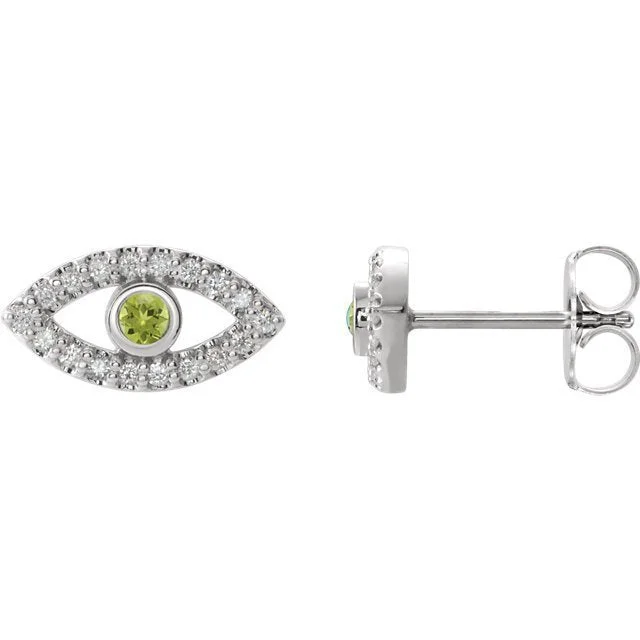 Women’s elegant earrings-14KT GOLD .10 CTW PERIDOT & .18 CTW DIAMOND EVIL EYE EARRINGS