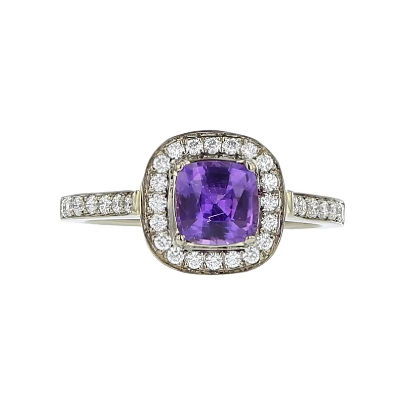 Women’s vintage-inspired engagement ring-18K Gold Purple Sapphire and Diamond Halo Ring