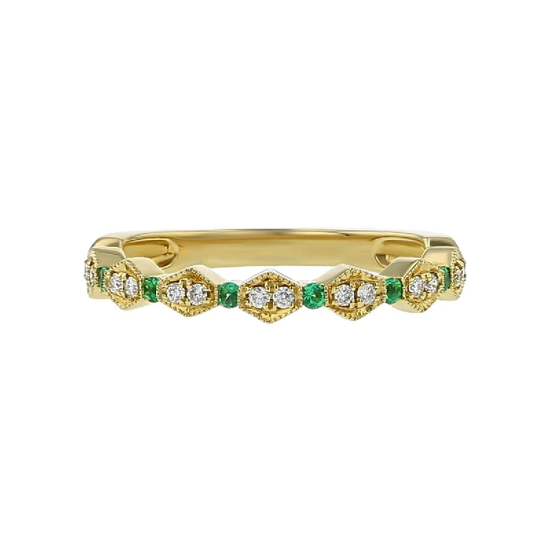 Women’s stackable engagement ring-14K Yellow Gold Diamond and Emerald Stackable Band