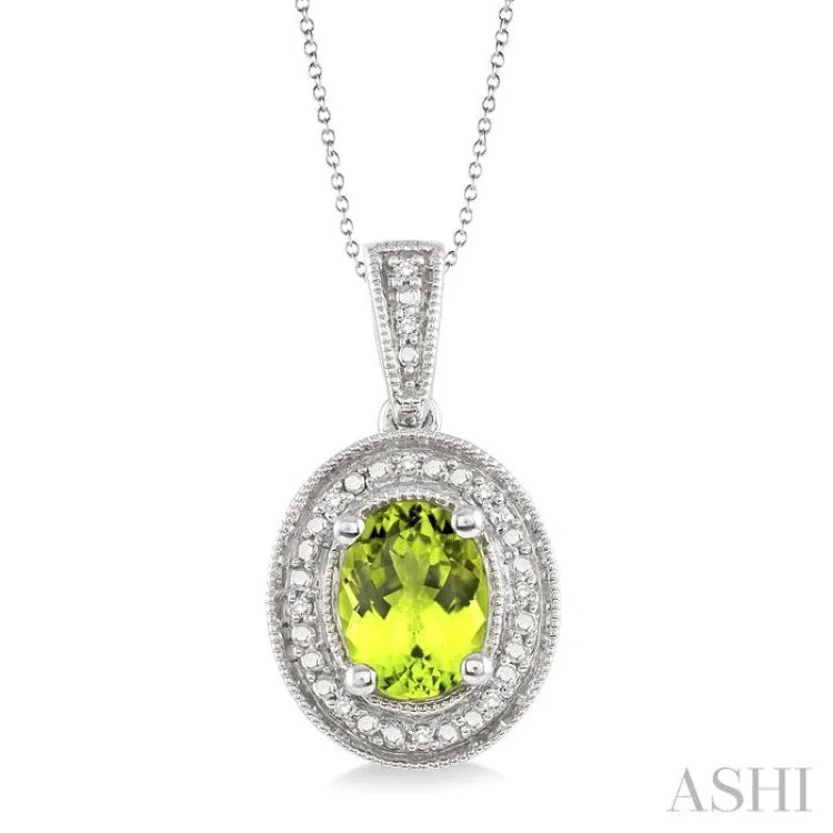 Women’s precious stone necklace-8x6 MM Oval Cut Peridot and 1/20 Ctw Single Cut Diamond Pendant in Sterling Silver with Chain