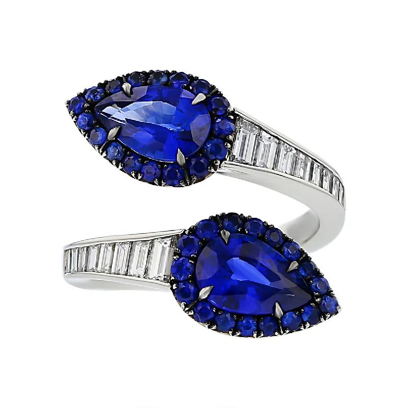 Women’s vintage round diamond engagement ring-Blue Sapphire and Diamond Dore Bypass Ring