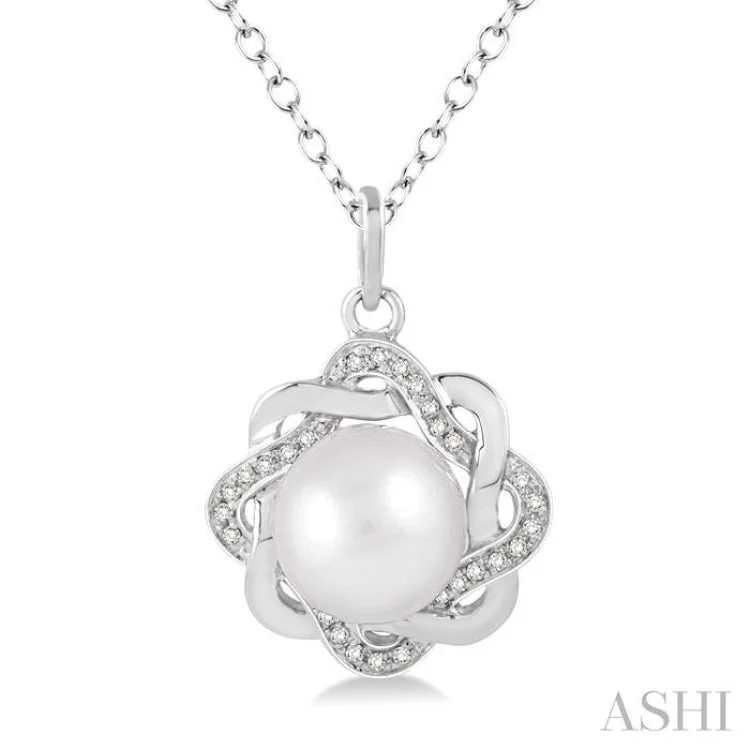 Women’s chain necklace-6.5x6.5 MM Cultured Pearl and 1/10 Ctw Round Cut Diamond Pendant in Sterling Silver with Chain