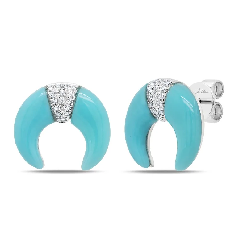 Women’s oval stud earrings-14KT GOLD 1.89 CT TURQUOISE & .06 CTW DIAMOND CRESENT EARRINGS