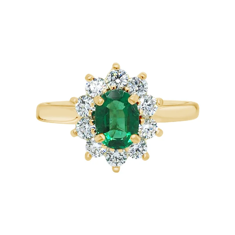 Women’s gold solitaire engagement ring-Emerald and Diamond Halo Ring