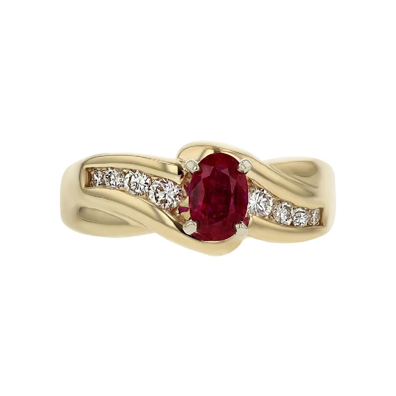 Women’s yellow gold engagement ring-14K Oval Ruby Ring with Channel Set Diamonds