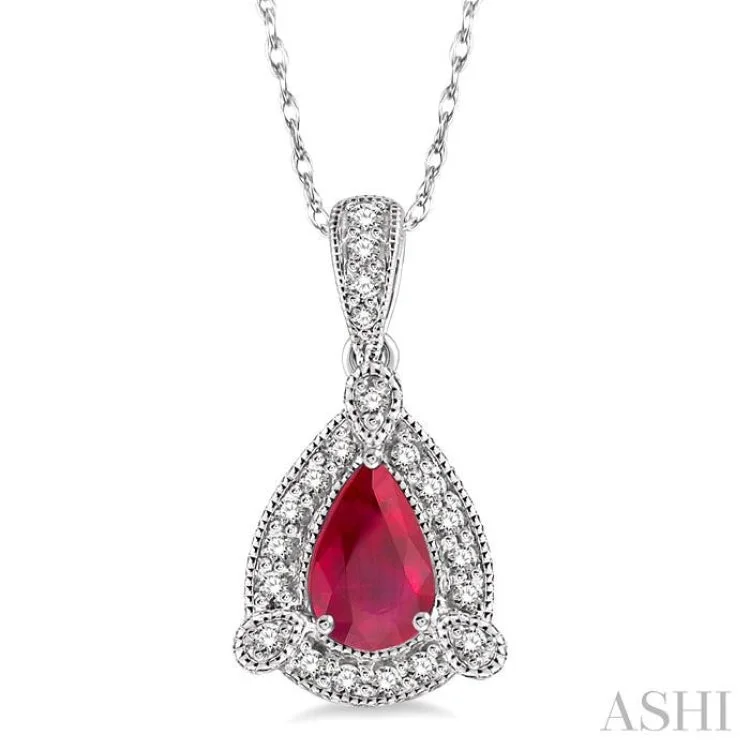 Women’s gemstone necklace-6x4 mm Pear Shape Ruby and 1/10 Ctw Round Cut Diamond Pendant in 14K White Gold with Chain