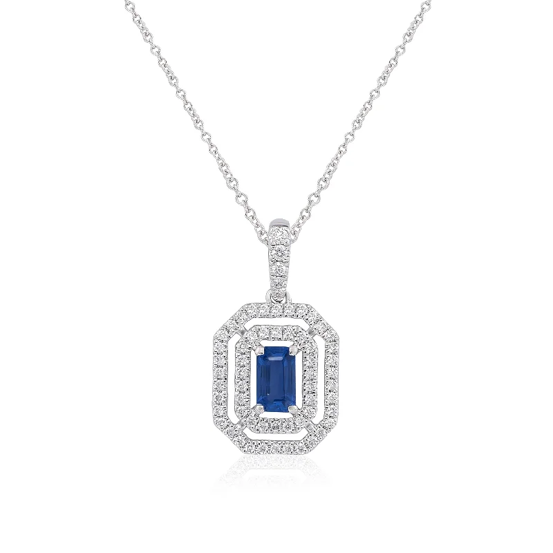 Women’s sterling silver necklace-BLUE SAPPHIRE AND DIAMOND HALO NECKLACE