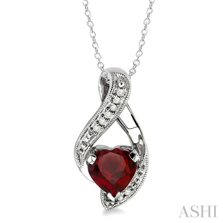 Women’s luxury necklace-7x7MM Heart Shape Garnet and 1/20 Ctw Single Cut Diamond Pendant in Sterling Silver with Chain