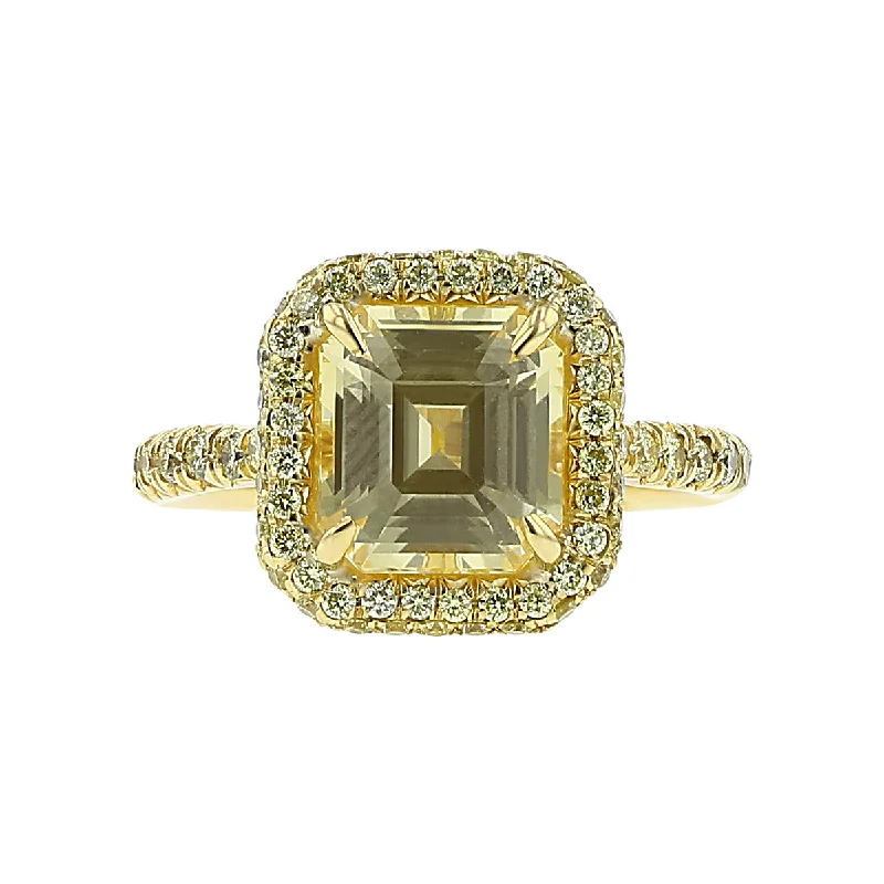 Women’s floral engagement ring-Emerald-Cut Yellow Sapphire and Diamond Halo Ring