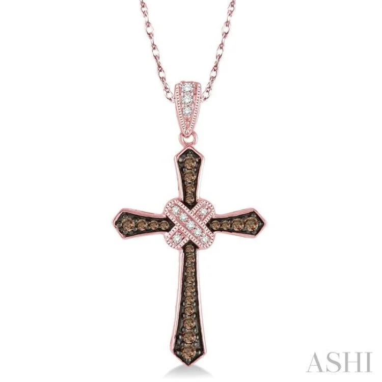 Women’s infinity pendant necklace-1/4 Ctw Round Cut White and Champagne Brown Diamond Cross Pendant in 10K Rose Gold with Chain