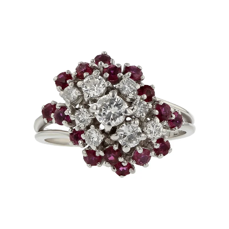 Women’s halo diamond engagement ring-14K White Gold Ruby and Diamond Cluster Ring