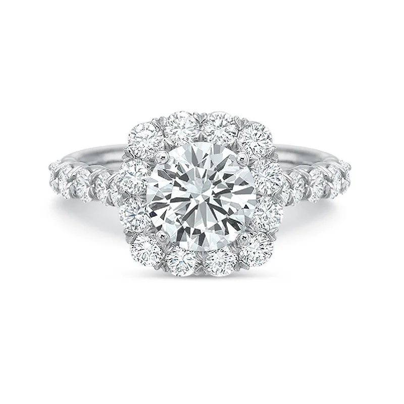 Women’s unique diamond engagement ring-Flush Fit Diamond Halo Semi-Mount Ring in 18K White Gold for Round Center