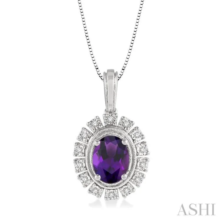 Women’s crystal pendant necklace-1/10 Ctw Oval Shape 8x6mm Amethyst & Round Cut Diamond Semi Precious Pendant With Chain in 10K White Gold