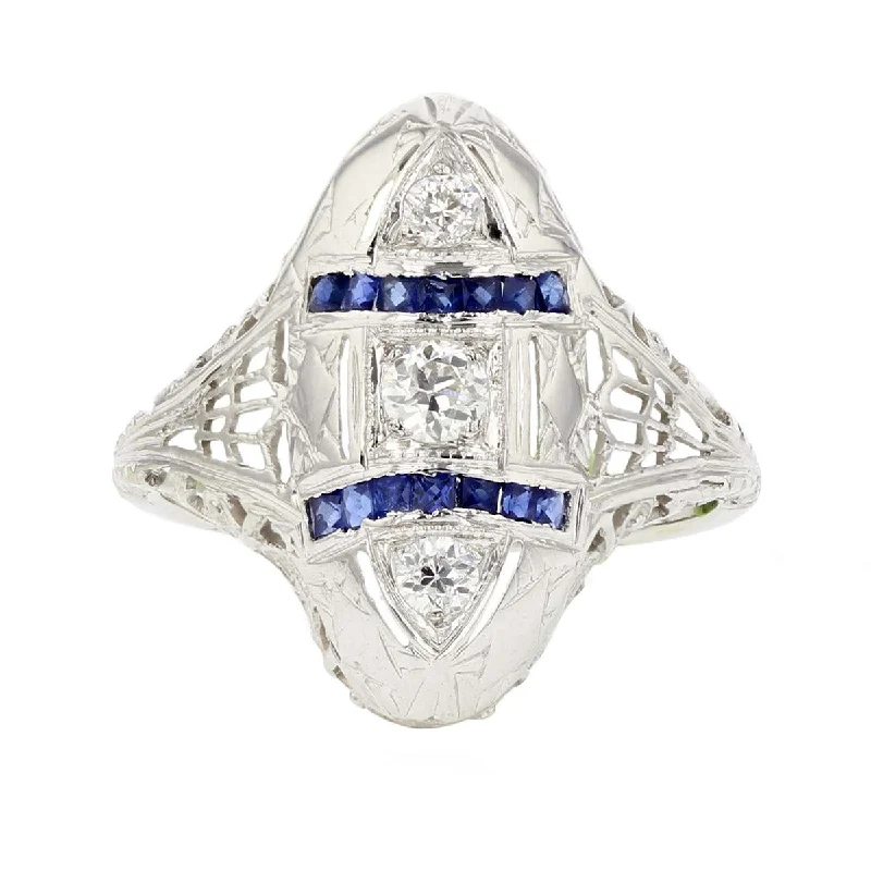 Women’s emerald engagement ring-Art Deco 18K White Gold Diamond and Sapphire Ring