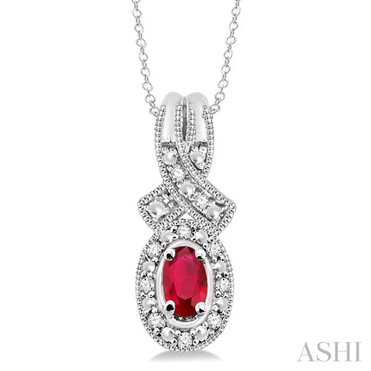 Women’s natural stone necklace-5x3 mm Oval Cut Ruby and 1/50 Ctw Single Cut Diamond Pendant in Sterling Silver with Chain