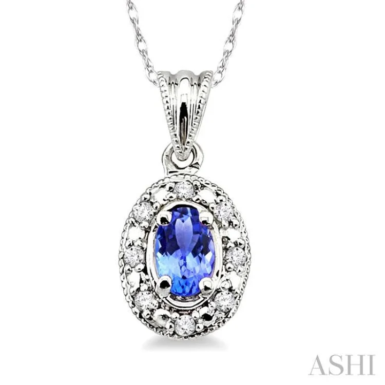 Women’s bar necklace-5x3mm Oval Shape Tanzanite and 1/20 Ctw Single Cut Diamond Pendant in 14K White Gold with Chain