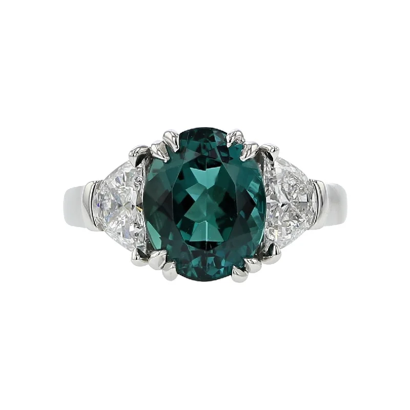 Women’s diamond solitaire engagement ring-Indicolite Tourmaline and Diamond 3-Stone Ring