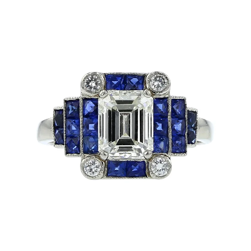 Women’s custom-cut solitaire engagement ring-Art Deco Inspired Diamond and Sapphire Ring