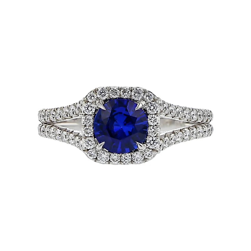 Women’s simple engagement ring-Blue Sapphire and Diamond Halo Signature Ring