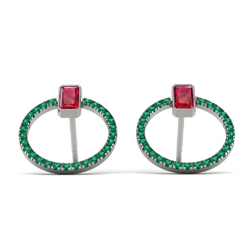 Women’s silver stud earrings-Emerald Cut Circle Ruby Earrings - Oaklyn No. 27