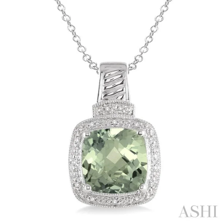 Women’s diamond pendant necklace-10x10 mm Cushion Cut Green Amethyst and 1/20 ctw Single Cut Diamond Pendant in Sterling Silver with Chain