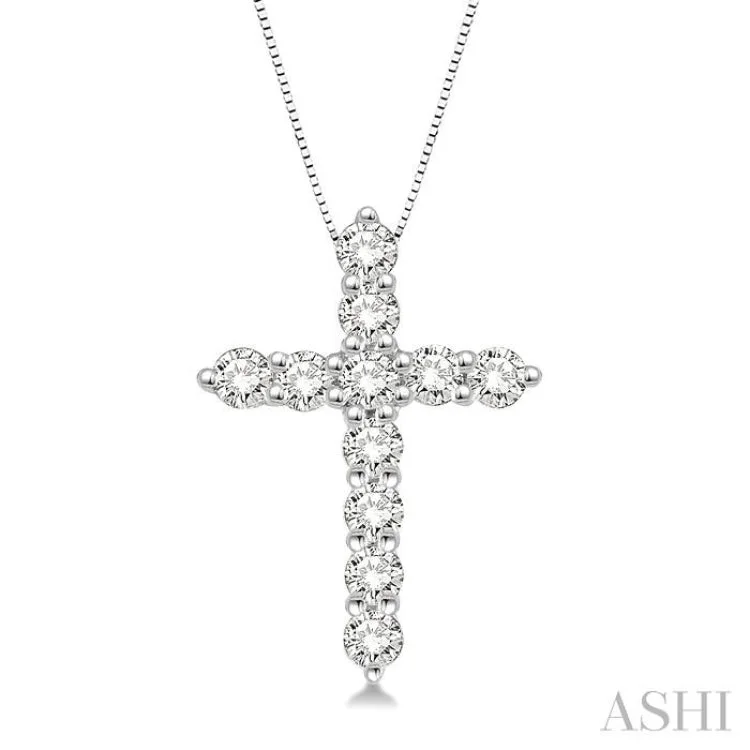 Women’s statement necklace-1/2 Ctw Round Cut Diamond Cross Pendant in 14K White Gold with Chain