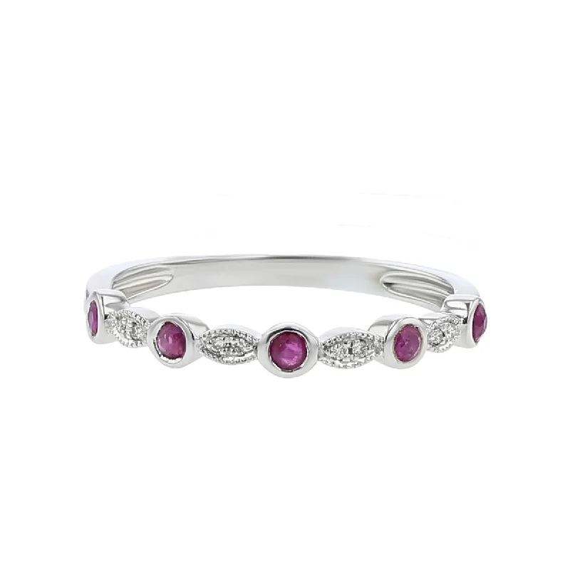 Women’s classic solitaire engagement ring-14K White Gold Ruby and Diamond Stackable Band