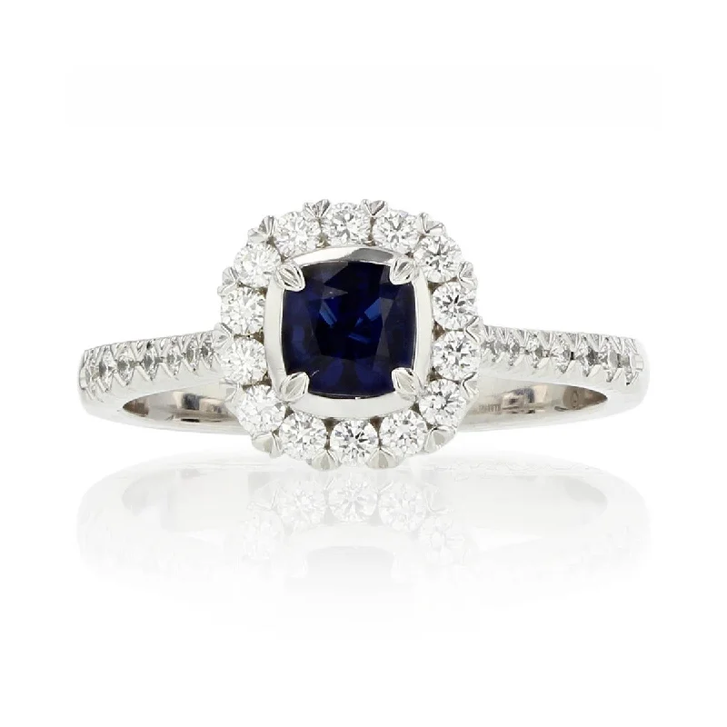 Women’s art deco engagement ring-Cushion Sapphire and Diamond Halo Ring