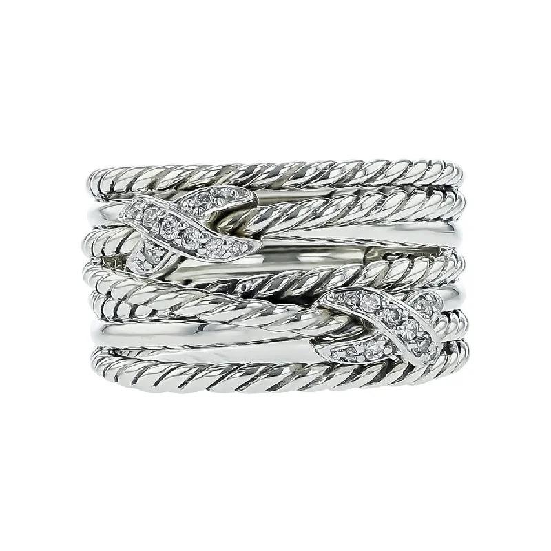 Women’s platinum three-stone engagement ring-David Yurman Double X Crossover Ring with Diamonds