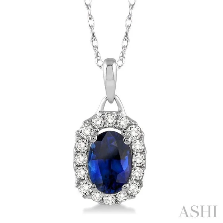 Women’s statement necklace-6x4 MM Oval Cut Sapphire and 1/6 Ctw Round Cut Diamond Pendant in 14K White Gold with Chain